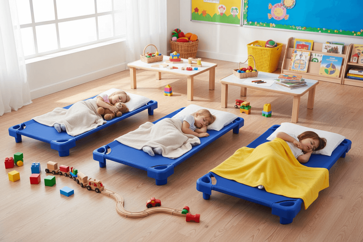 Modré plastové lehátko do školky